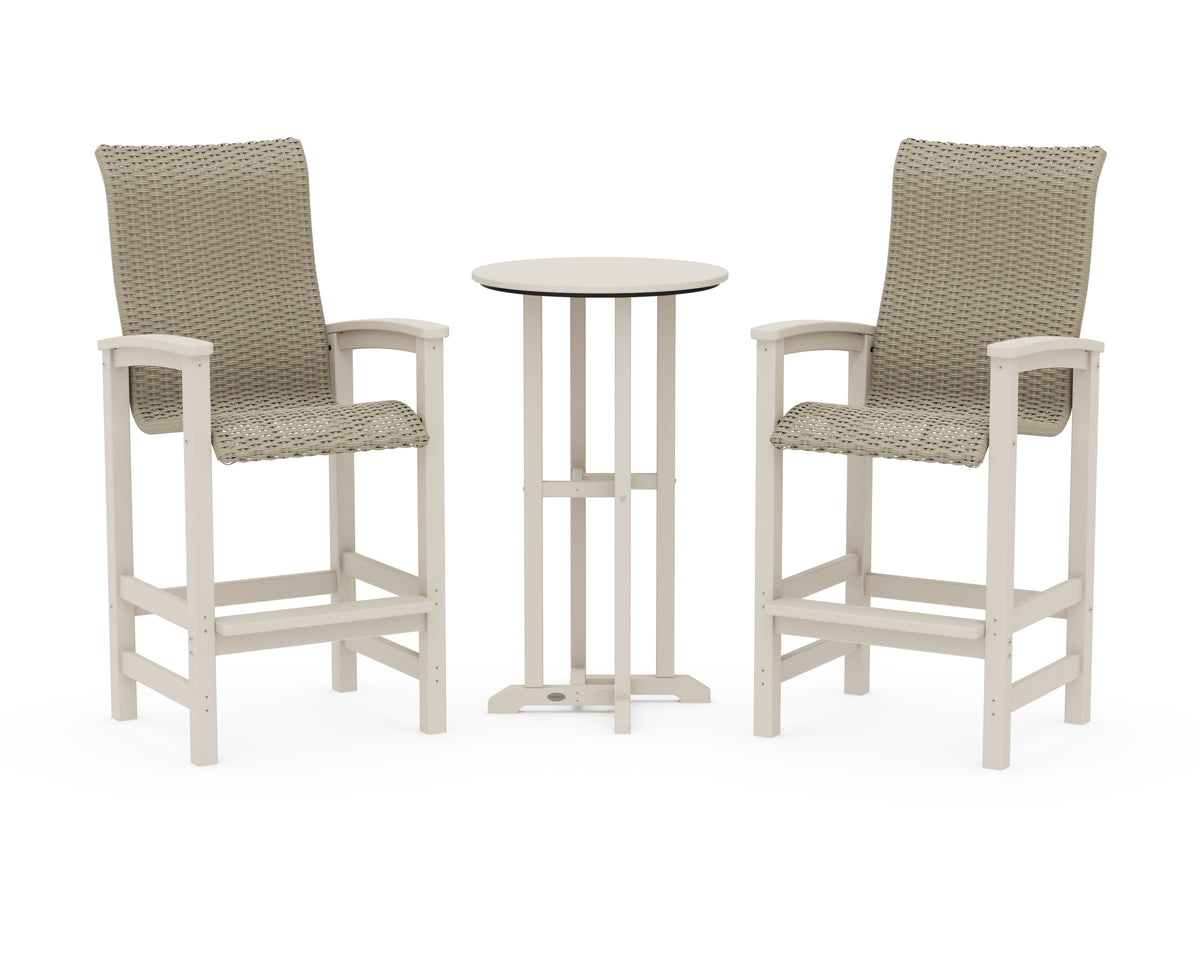 POLYWOOD Coastal Woven High-Back 3-Piece Farmhouse Bar Set in Sand / Dune Grass