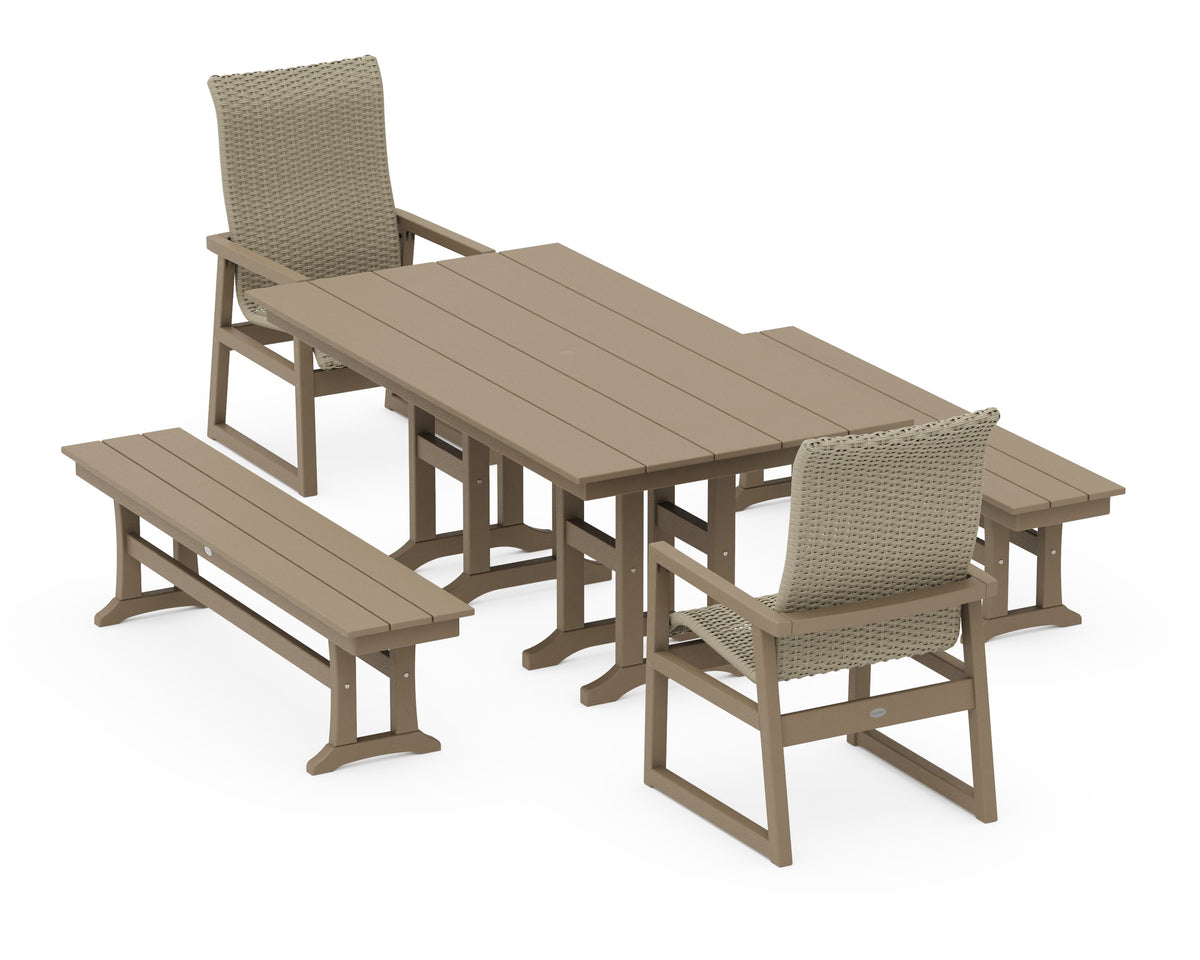 POLYWOOD EDGE Woven High-Back 5-Piece Farmhouse Dining Set with Benches in Vintage Sahara / Dune Grass