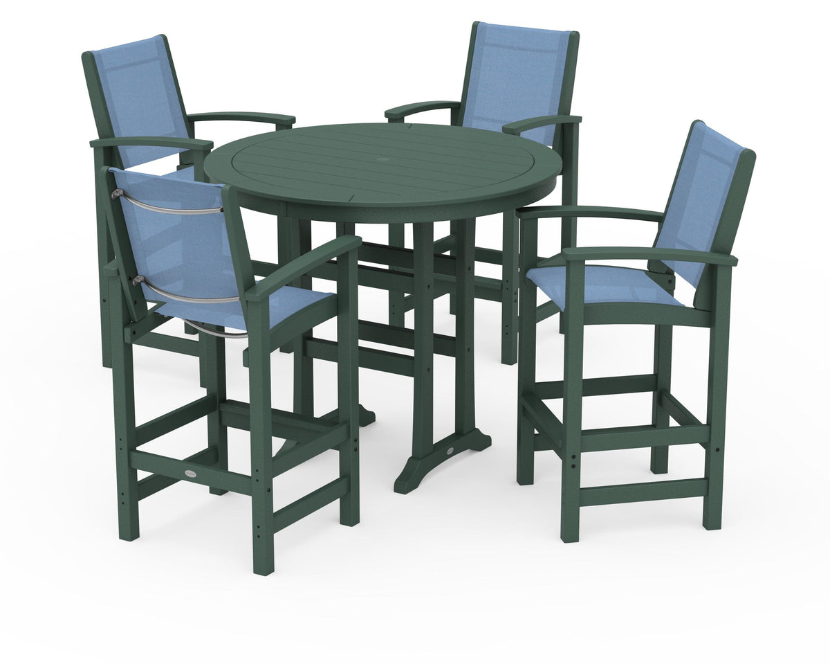 POLYWOOD Coastal 5-Piece Nautical Trestle Bar Set in Green / Poolside