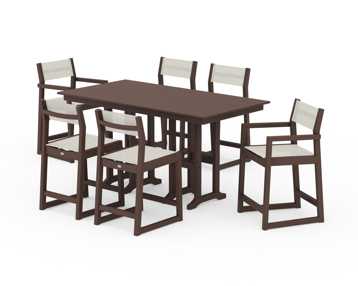 POLYWOOD EDGE Sling 7-Piece Farmhouse Counter Set with Trestle Legs in Mahogany / Parchment