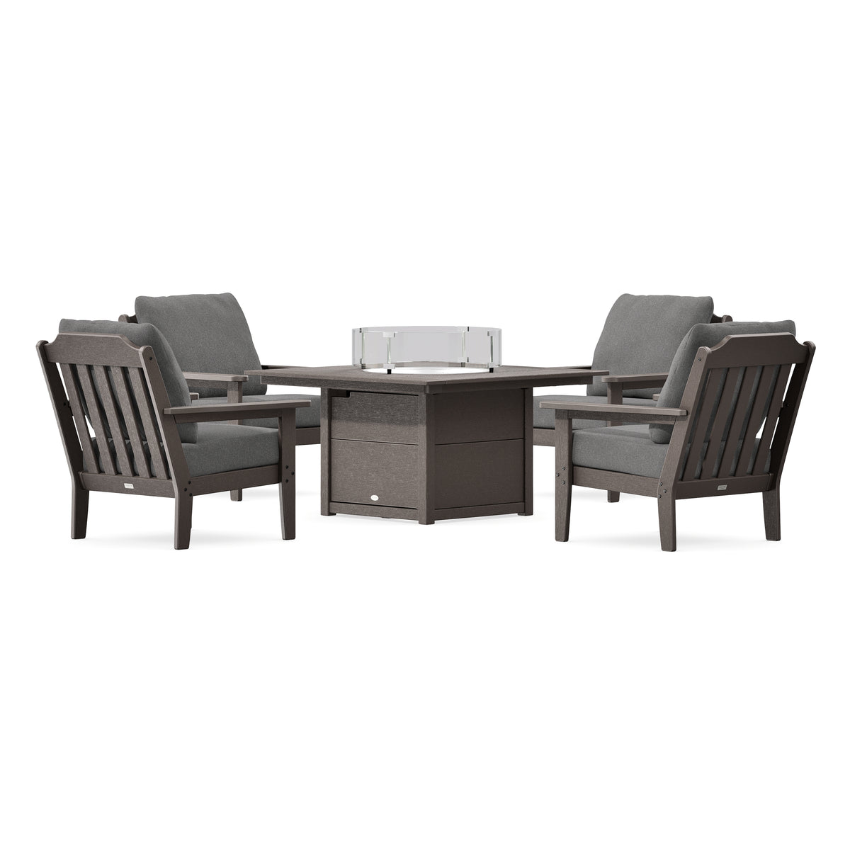 POLYWOOD Country Living Cottage 5-Piece Deep Seating Set with Fire Pit Table in Vintage Coffee