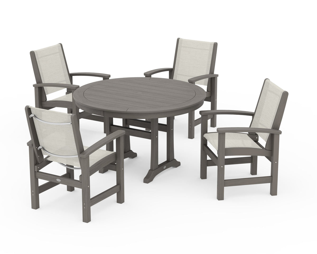 POLYWOOD Coastal 5-Piece Round Dining Set with Trestle Legs in Driftwood / Parchment