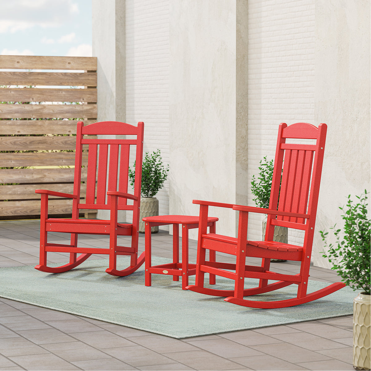 POLYWOOD Presidential 3-Piece Rocking Chair Set with 18" South Beach Side Table in Sunset Red in an outdoor setting