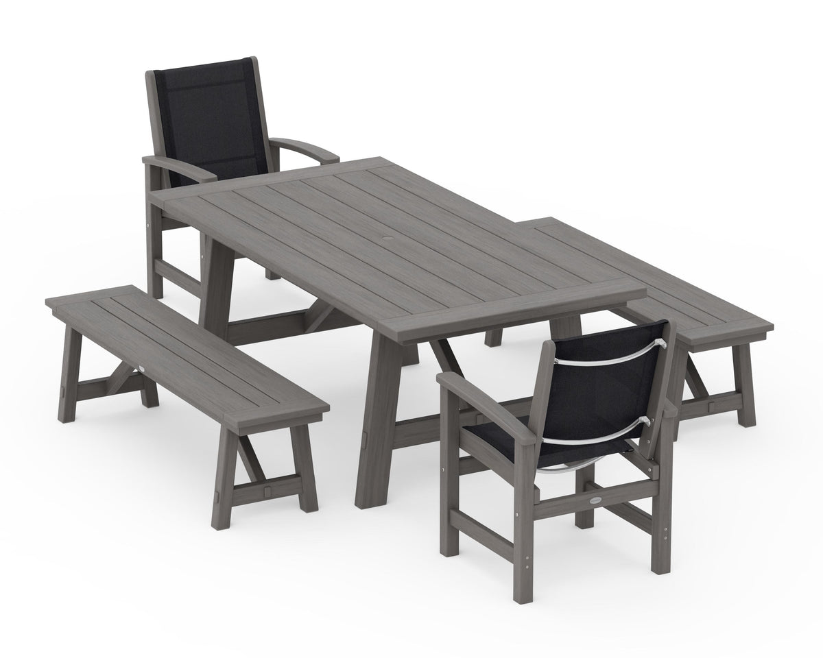 POLYWOOD Coastal 5-Piece Rustic Farmhouse Dining Set With Benches in Driftwood / Black