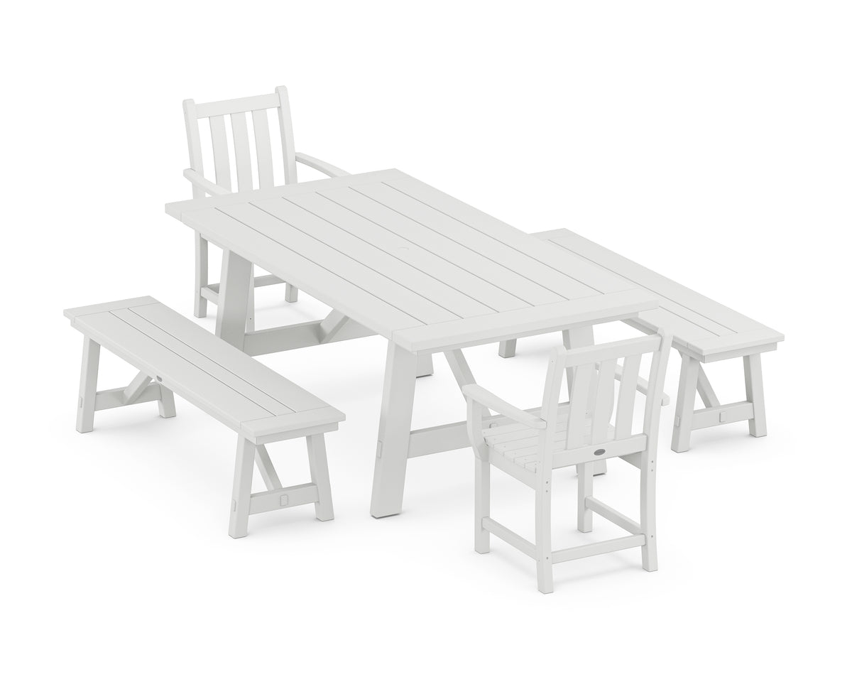 POLYWOOD Traditional Garden 5-Piece Rustic Farmhouse Dining Set with Benches in White