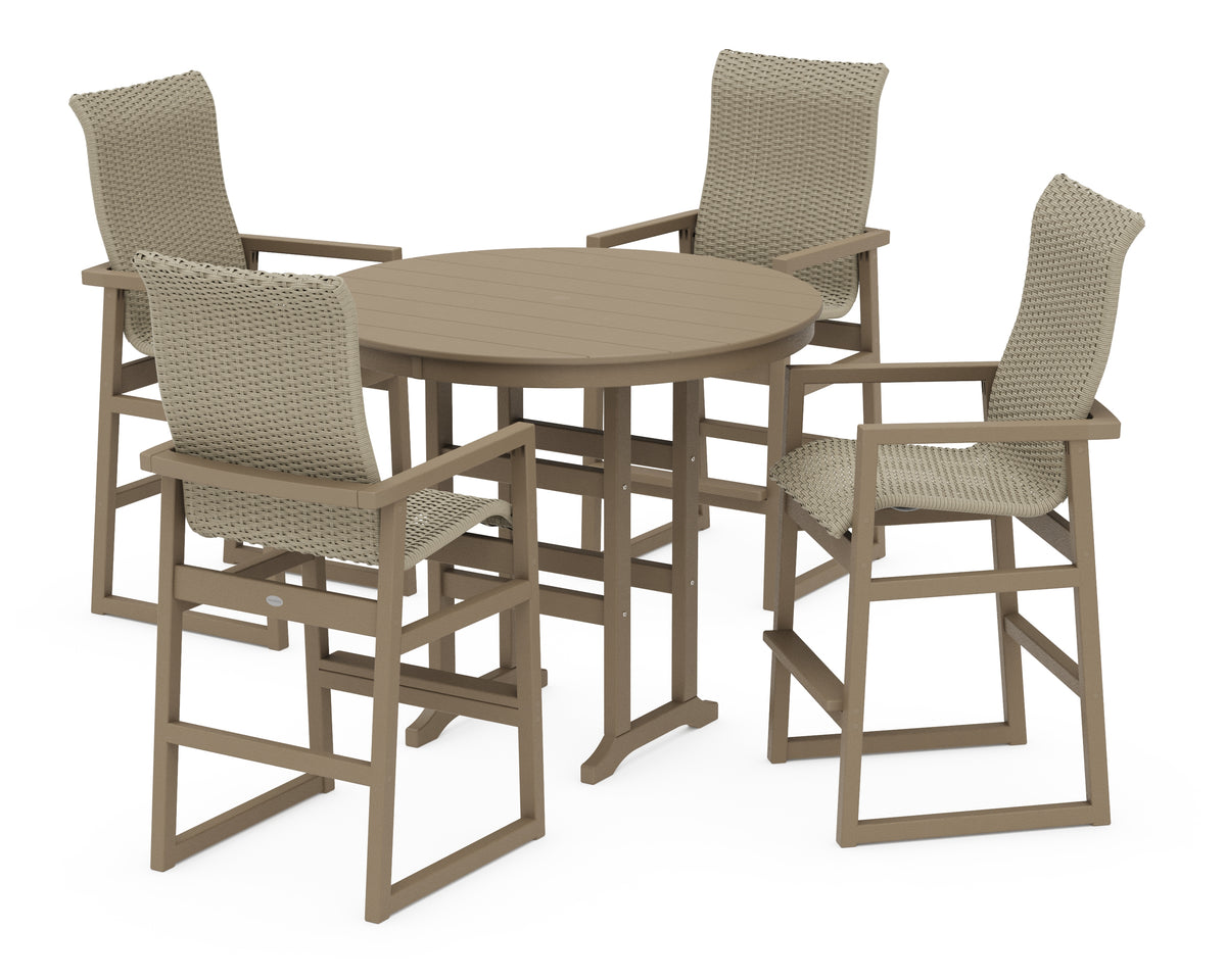 POLYWOOD EDGE Woven Highback 5-Piece Round Farmhouse Bar Set in Vintage Sahara / Dune Grass
