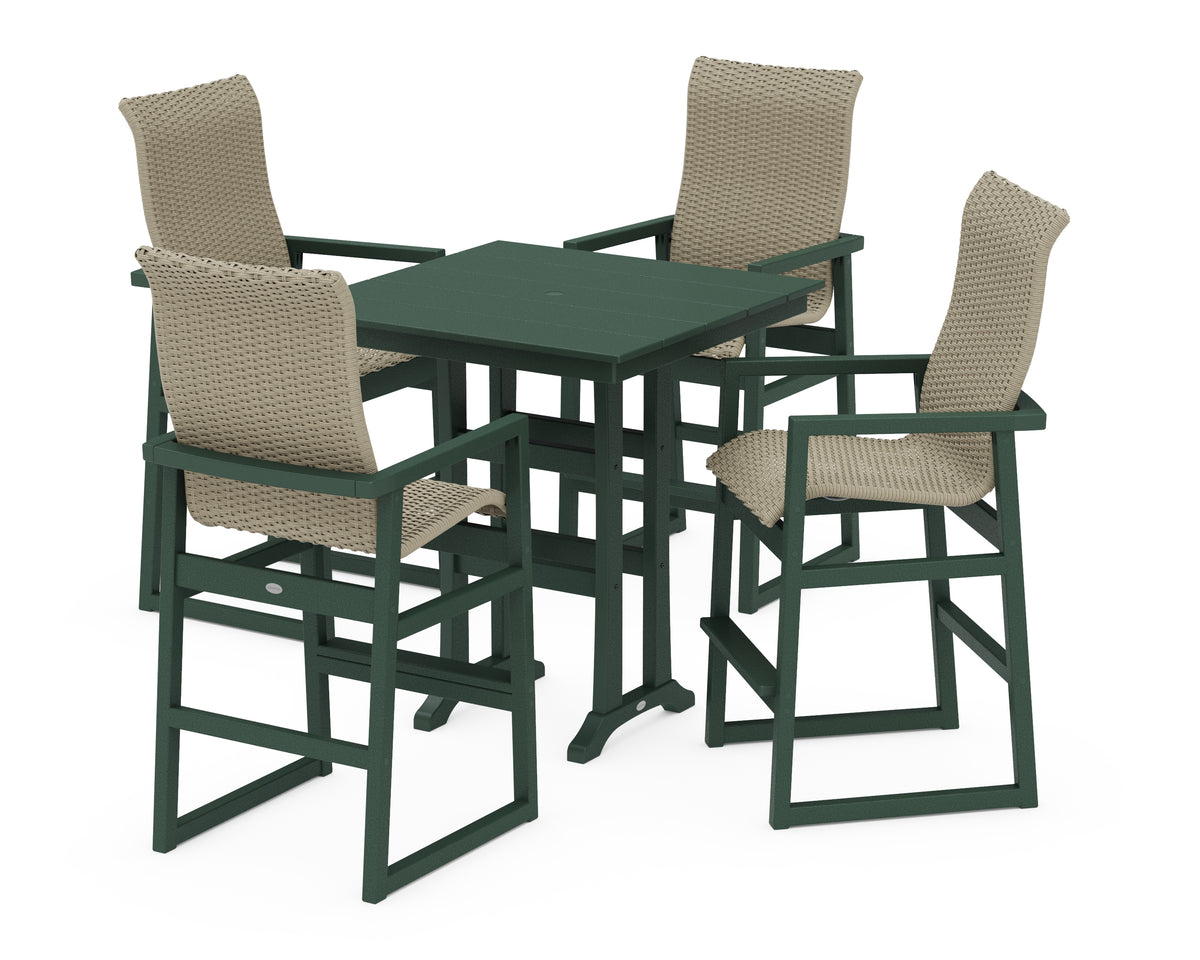 POLYWOOD EDGE Woven Highback 5-Piece Farmhouse Bar Set with Trestle Legs in Green / Dune Grass