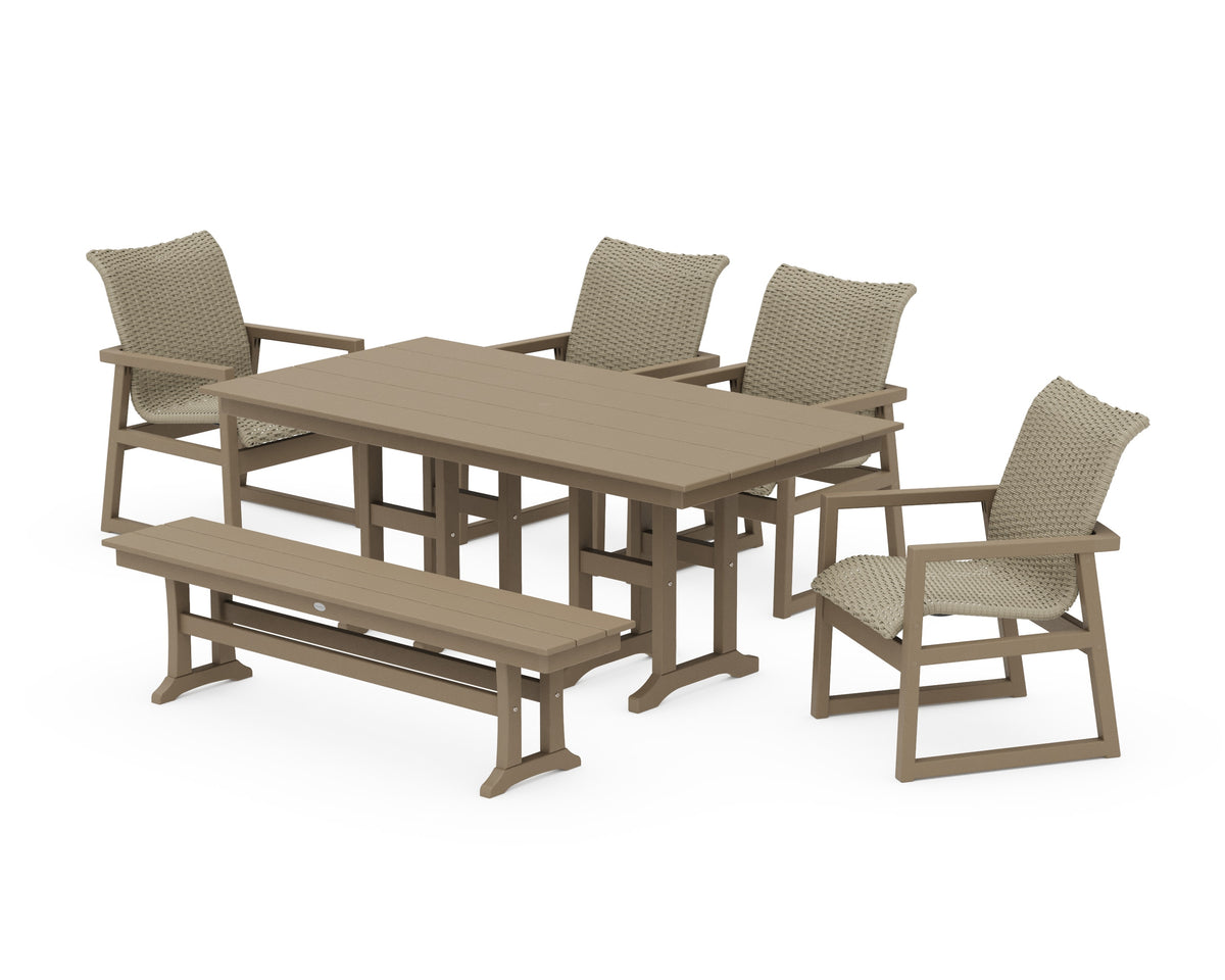 POLYWOOD EDGE Woven 6-Piece Farmhouse Dining Set with Bench in Vintage Sahara / Dune Grass
