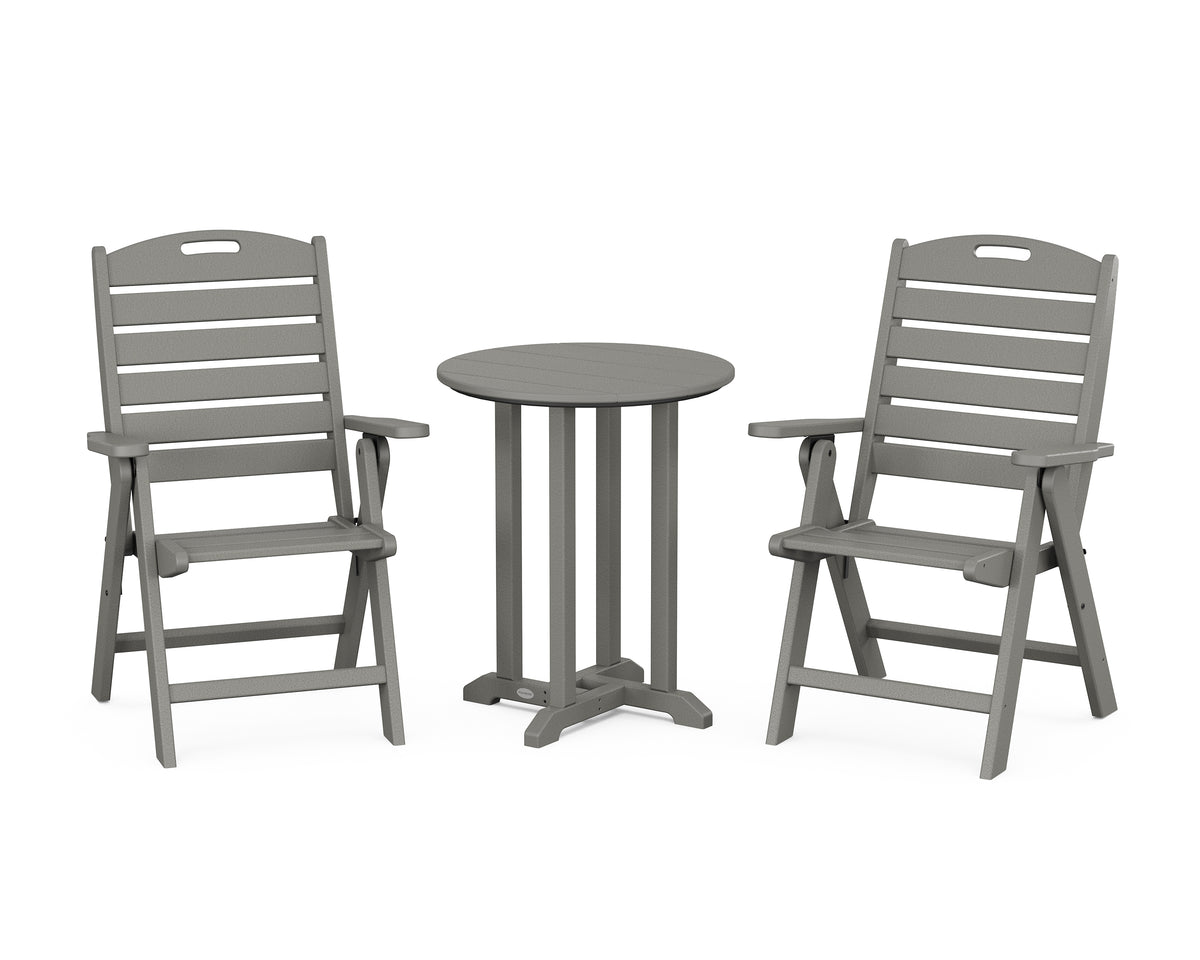 POLYWOOD Nautical Folding Highback Chair 3-Piece Round Bistro Dining Set in Slate Grey