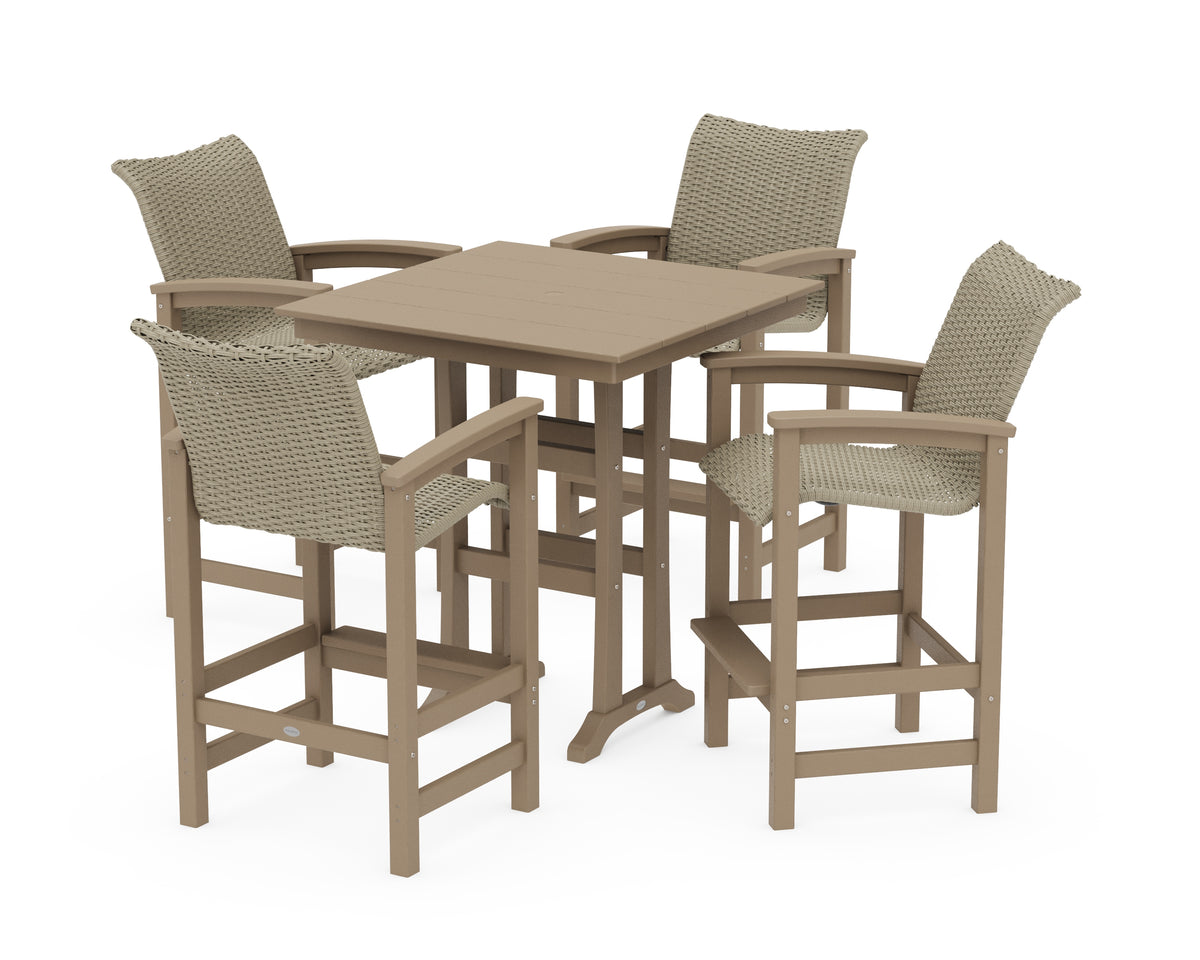POLYWOOD Coastal Woven 5-Piece Farmhouse Bar Set with Trestle Legs in Vintage Sahara / Dune Grass