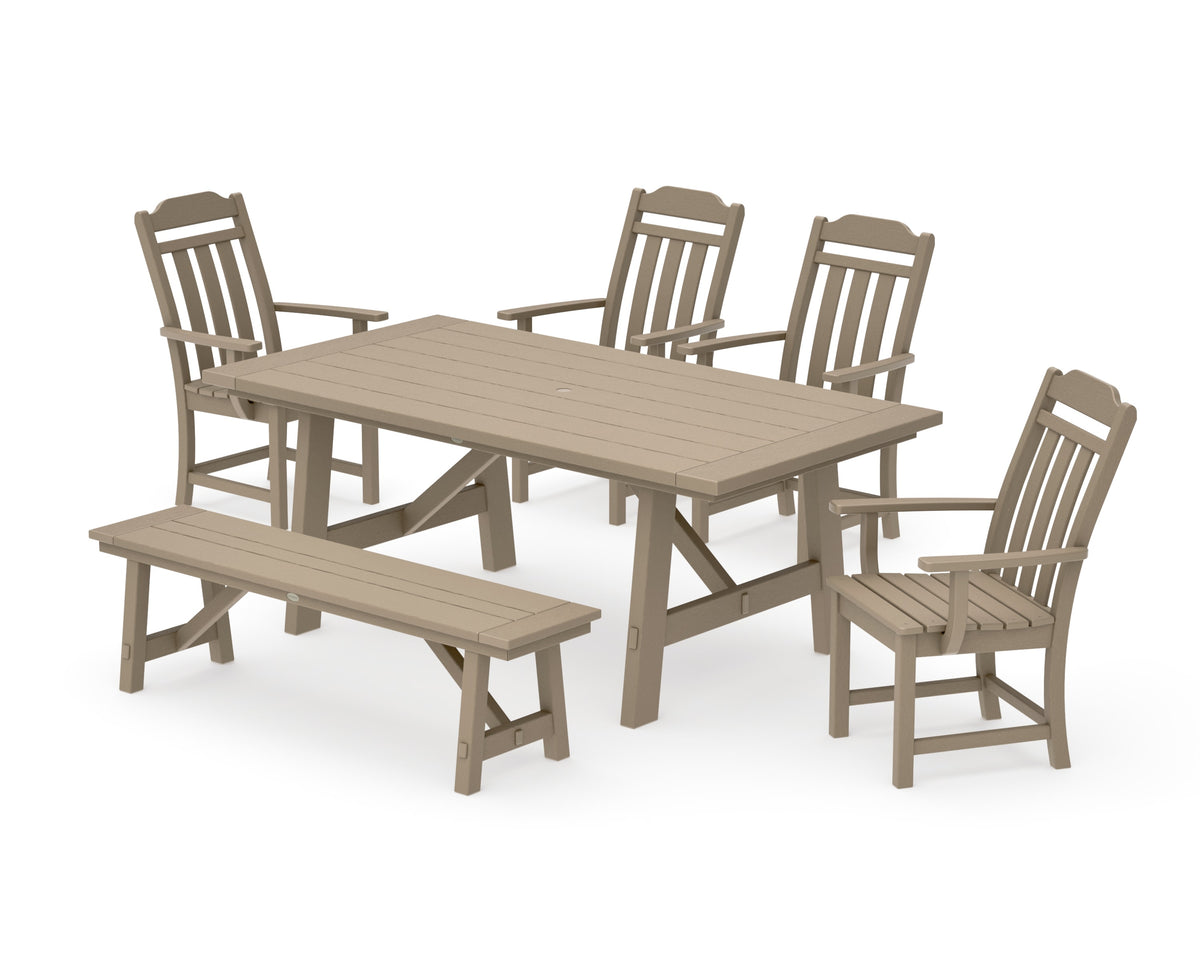 POLYWOOD Cottage 6-Piece Rustic Farmhouse Dining Set with Bench in Vintage Sahara