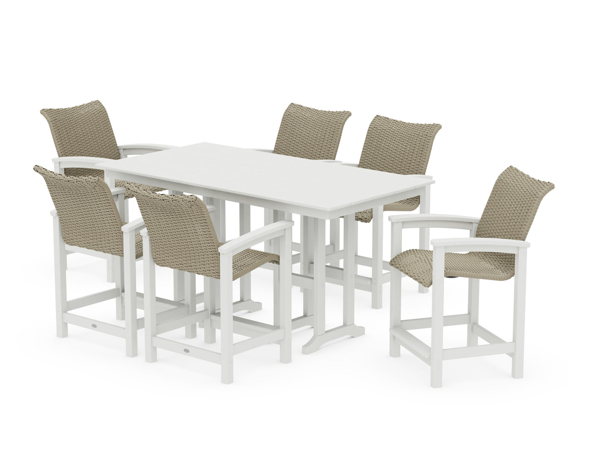 POLYWOOD Coastal Woven Arm Chair 7-Piece Farmhouse Counter Set in Vintage White / Dune Grass