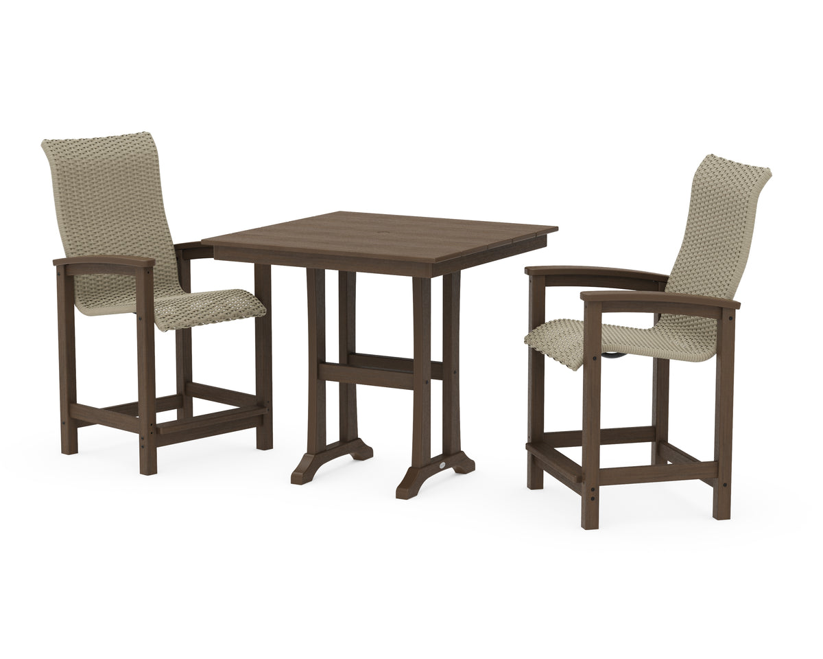 POLYWOOD Coastal Woven High-Back 3-Piece Farmhouse Counter Set with Trestle Legs in Kona / Dune Grass