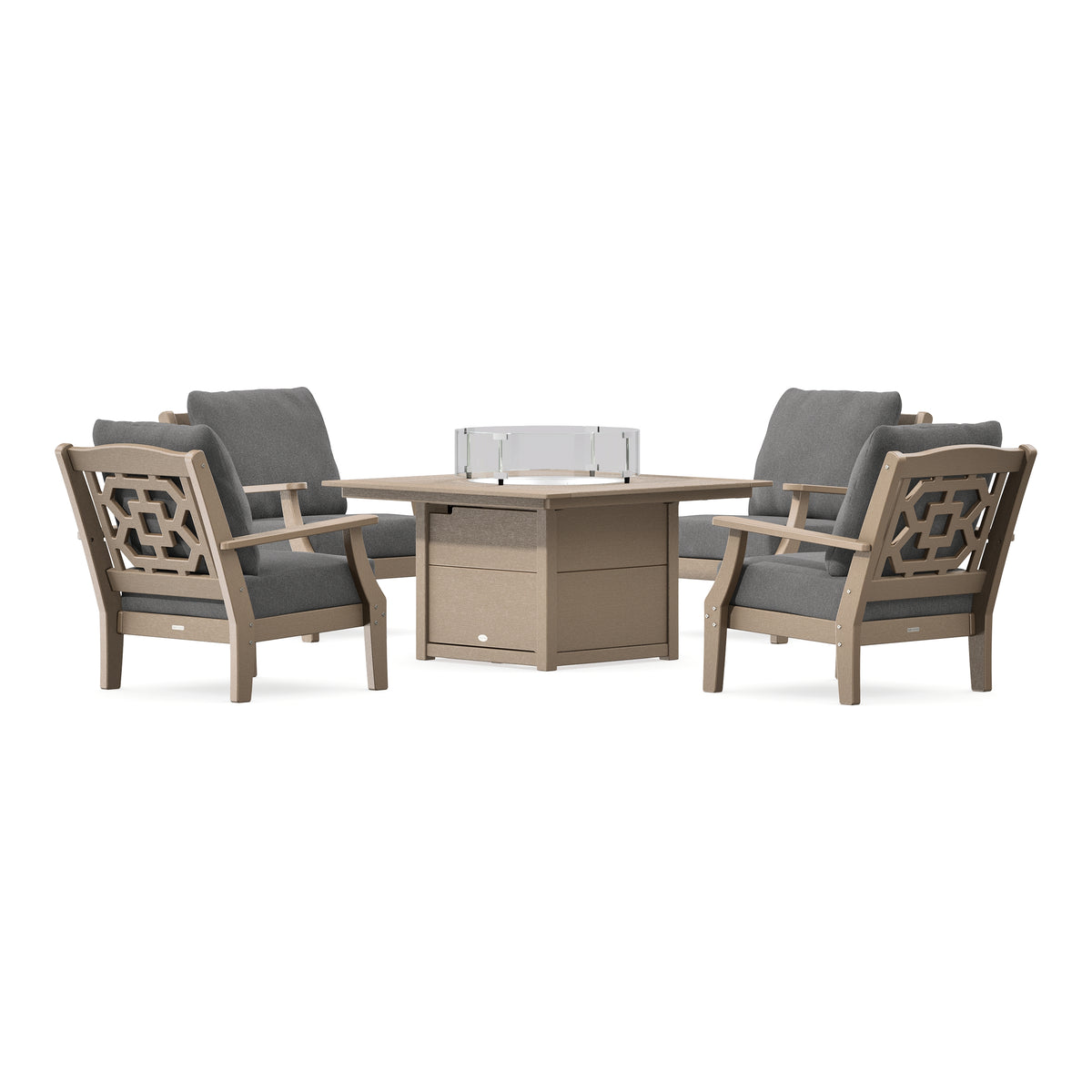POLYWOOD Chinoiserie 5-Piece Deep Seating Set with Fire Pit Table in Vintage Sahara