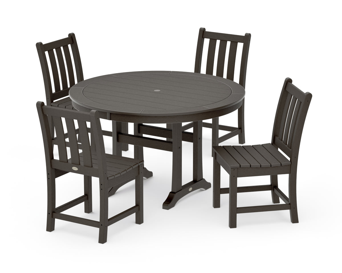 POLYWOOD Traditional Garden Side Chair 5-Piece Round Dining Set with Trestle Legs in Vintage Coffee