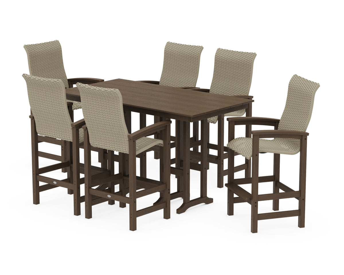 POLYWOOD Coastal Woven High-Back Arm Chair 7-Piece Farmhouse Bar Set in Kona / Dune Grass