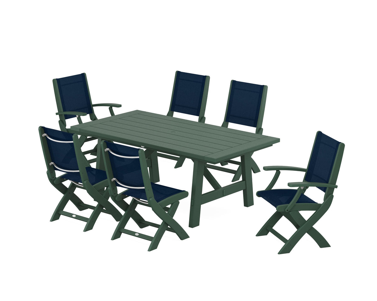 POLYWOOD Coastal Folding Chair 7-Piece Rustic Farmhouse Dining Set in Green / Navy Blue