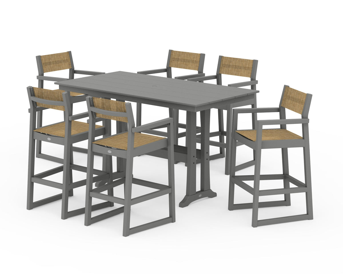 POLYWOOD EDGE Sling Arm Chair 7-Piece Farmhouse Bar Set with Trestle Legs in Slate Grey / Burlap