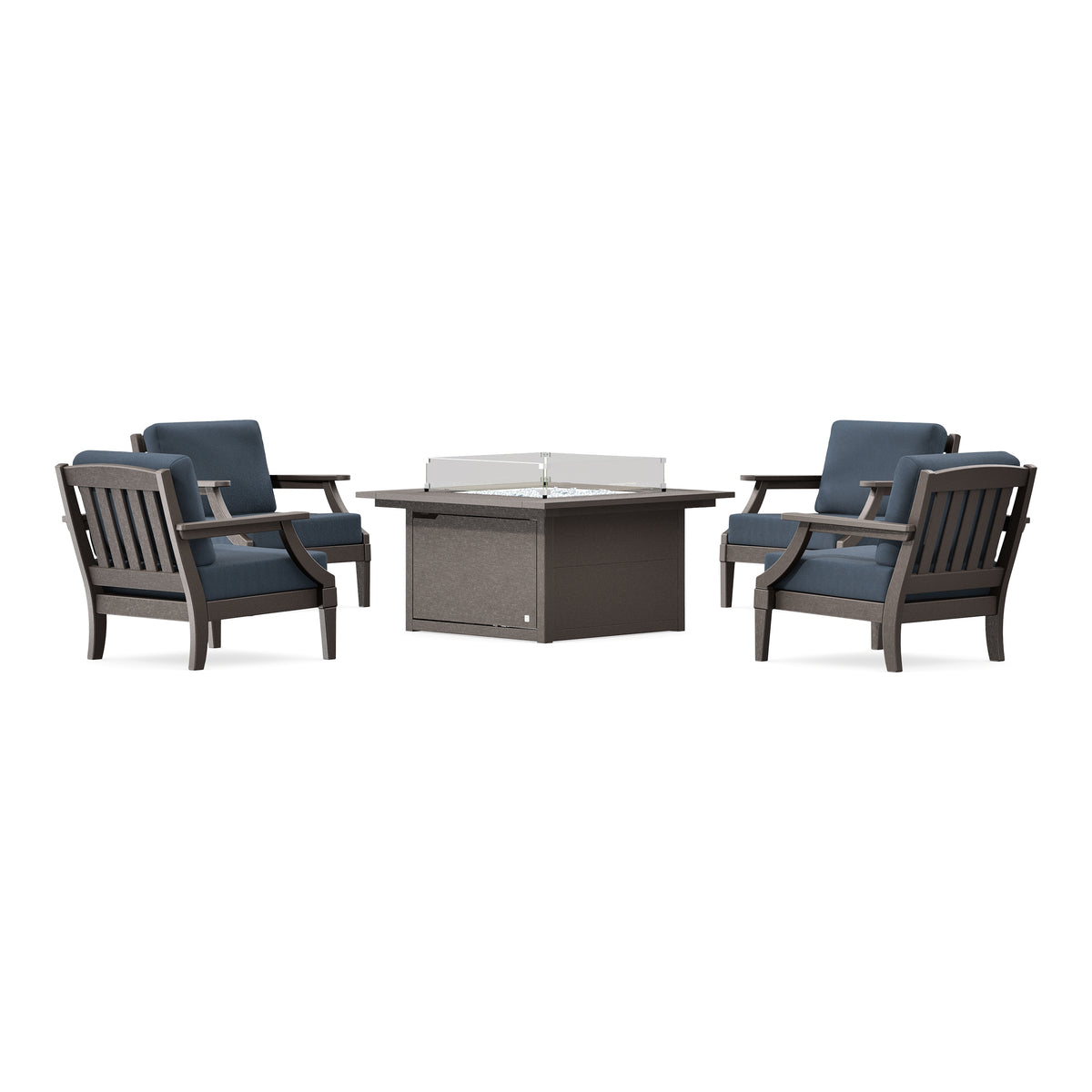 POLYWOOD PW Designer Series Estate 5-Piece Lounge Fire Table Set in Vintage Coffee / Marine Indigo