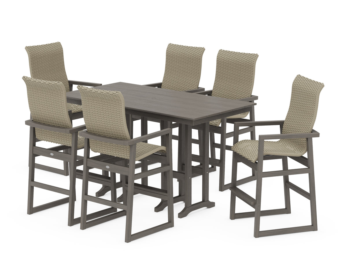 POLYWOOD EDGE Woven Highback Arm Chair 7-Piece Farmhouse Bar Set in Driftwood / Dune Grass