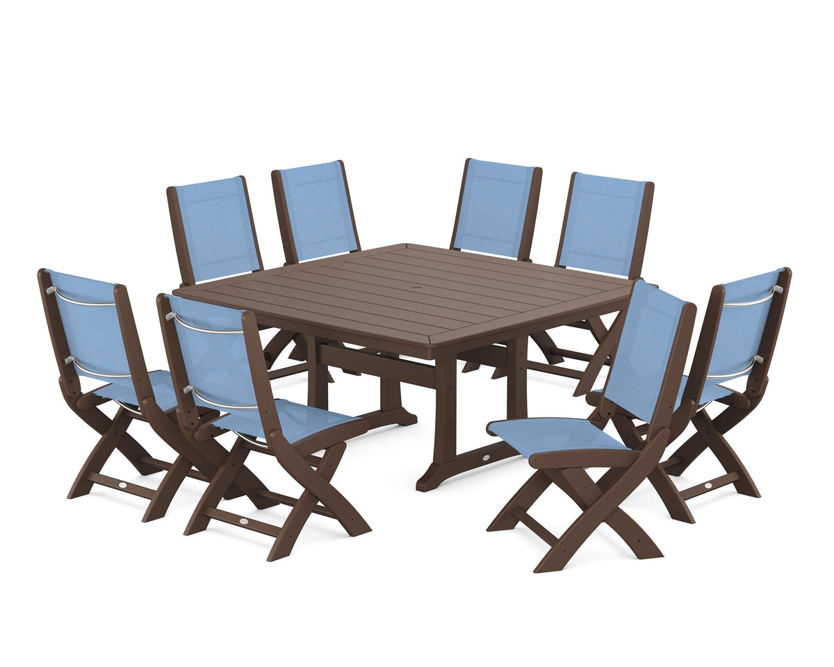 POLYWOOD Coastal Folding Side Chair 9-Piece Dining Set with Trestle Legs in Mahogany / Poolside