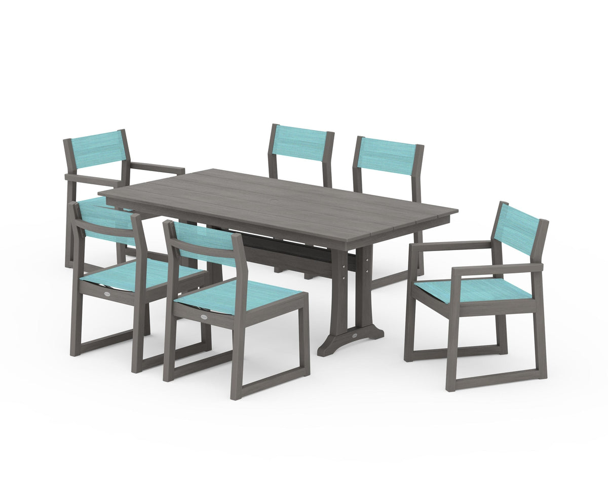 POLYWOOD EDGE Sling 7-Piece Farmhouse Trestle Dining Set in Driftwood / Dupioni Aquamarine
