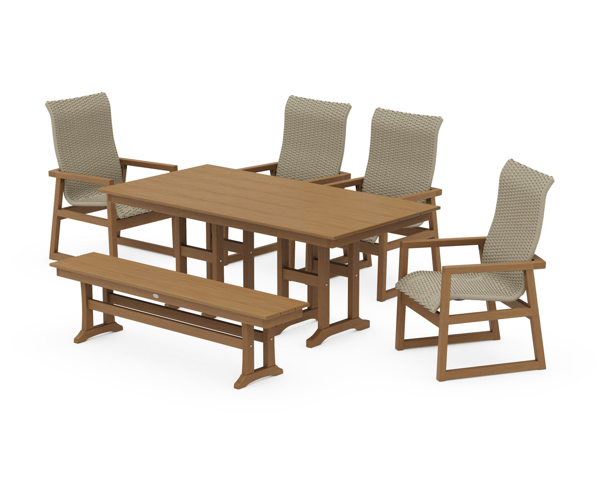 POLYWOOD EDGE Woven High-Back 6-Piece Farmhouse Dining Set with Bench in Natural / Dune Grass