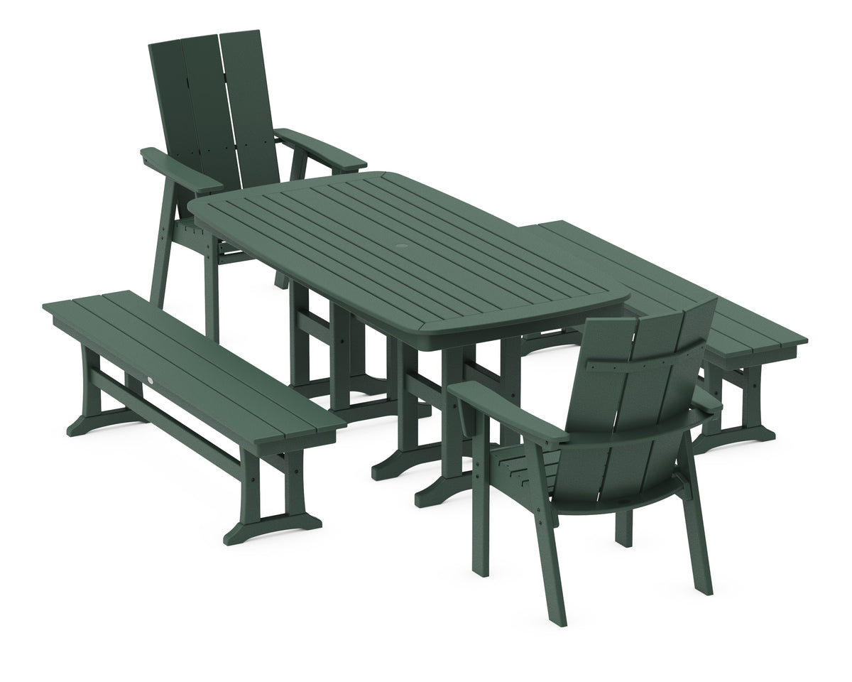 POLYWOOD Modern Curveback Adirondack 5-Piece Dining Set with Benches - 37" x 72" Table in Green