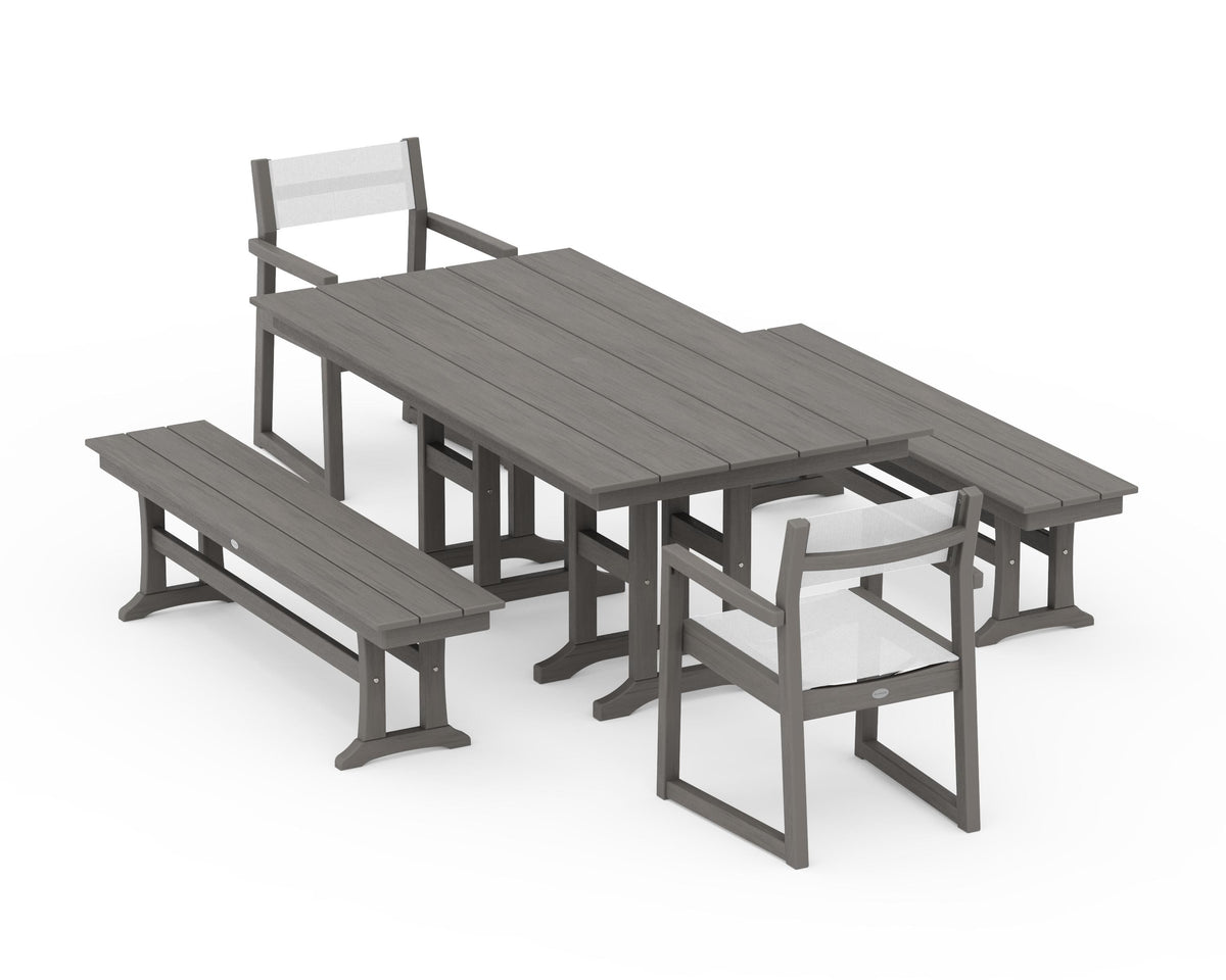 POLYWOOD EDGE Sling Arm Chair 5-Piece Farmhouse Dining Set with Benches in Driftwood / White