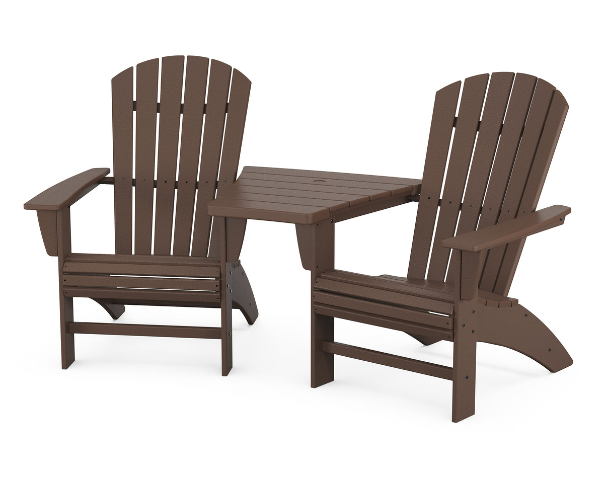 POLYWOOD Nautical 3-Piece Curveback Adirondack Set With Angled Connecting Table in Mahogany