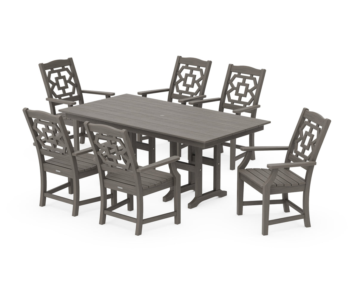 POLYWOOD Chinoiserie Arm Chair 7-Piece Farmhouse Dining Set in Driftwood