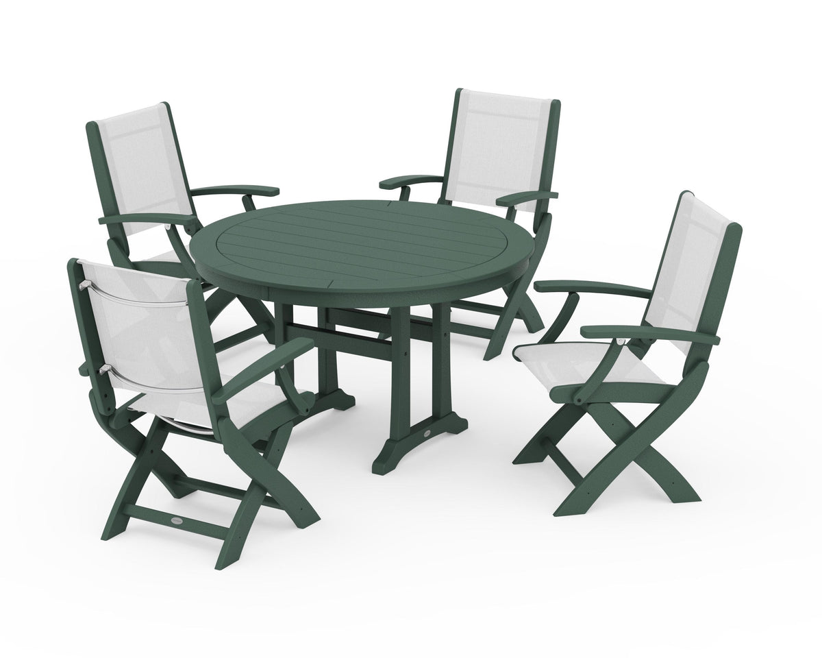 POLYWOOD Coastal Folding Chair 5-Piece Round Dining Set with Trestle Legs in Green / White