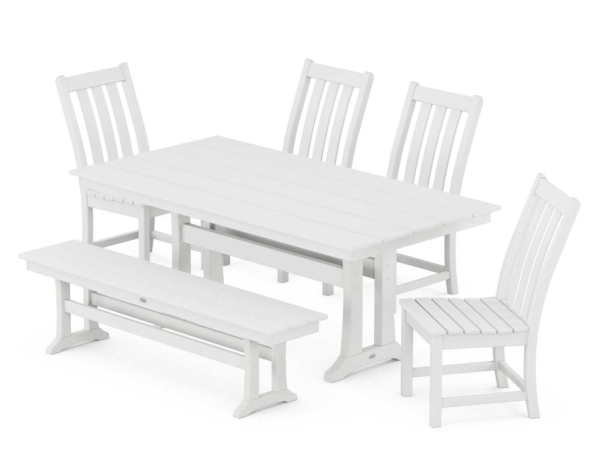 POLYWOOD Vineyard Side Chair 6-Piece Farmhouse Dining Set with Trestle Legs and Bench in White