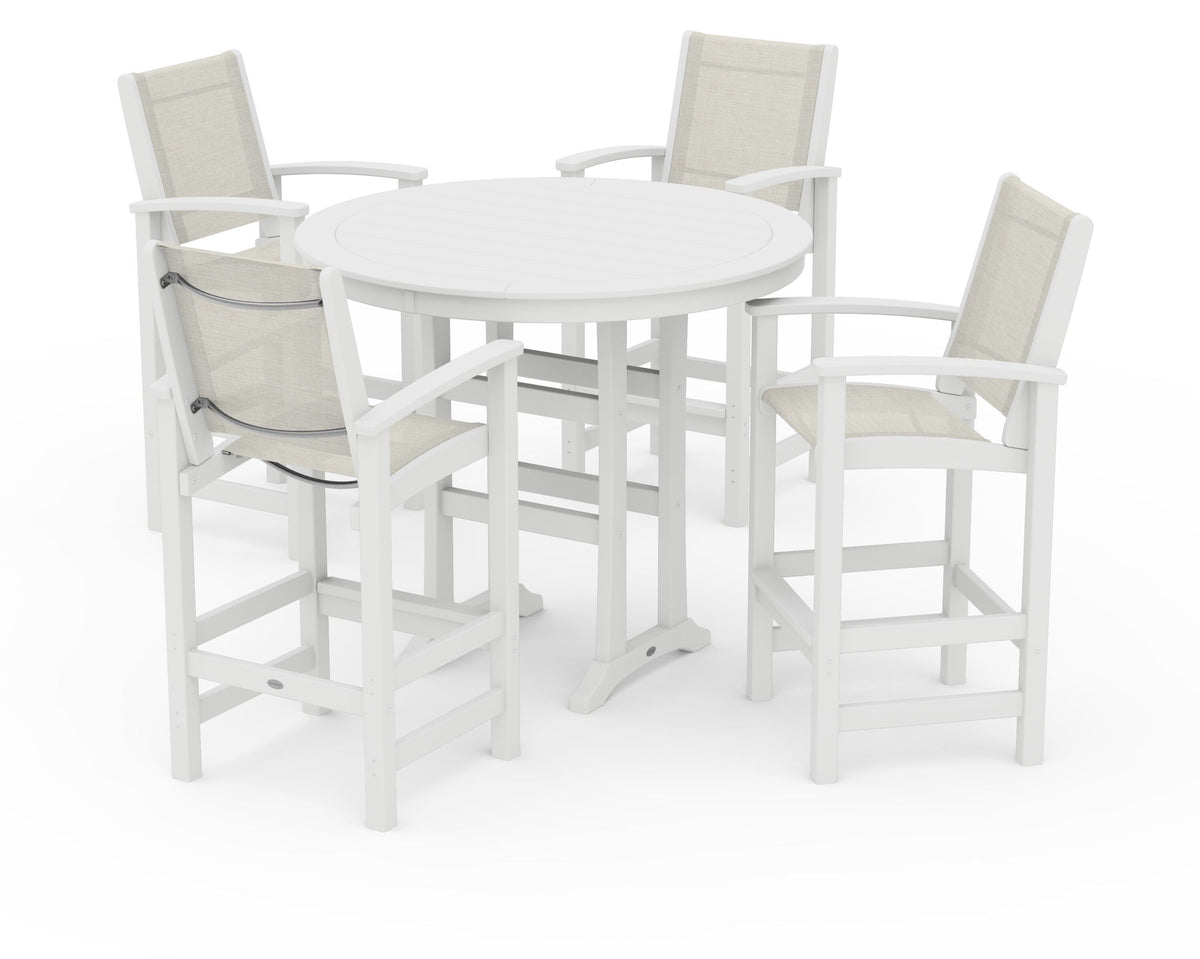 POLYWOOD Coastal 5-Piece Nautical Trestle Bar Set in White / Parchment