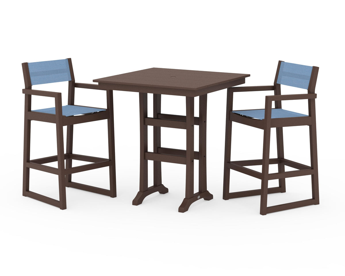 POLYWOOD EDGE Sling Arm Chair 3-Piece Farmhouse Bar Set with Trestle Legs in Mahogany / Poolside