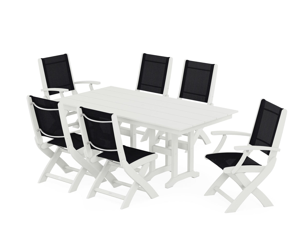 POLYWOOD Coastal Folding Chair 7-Piece Farmhouse Dining Set in Vintage White / Black