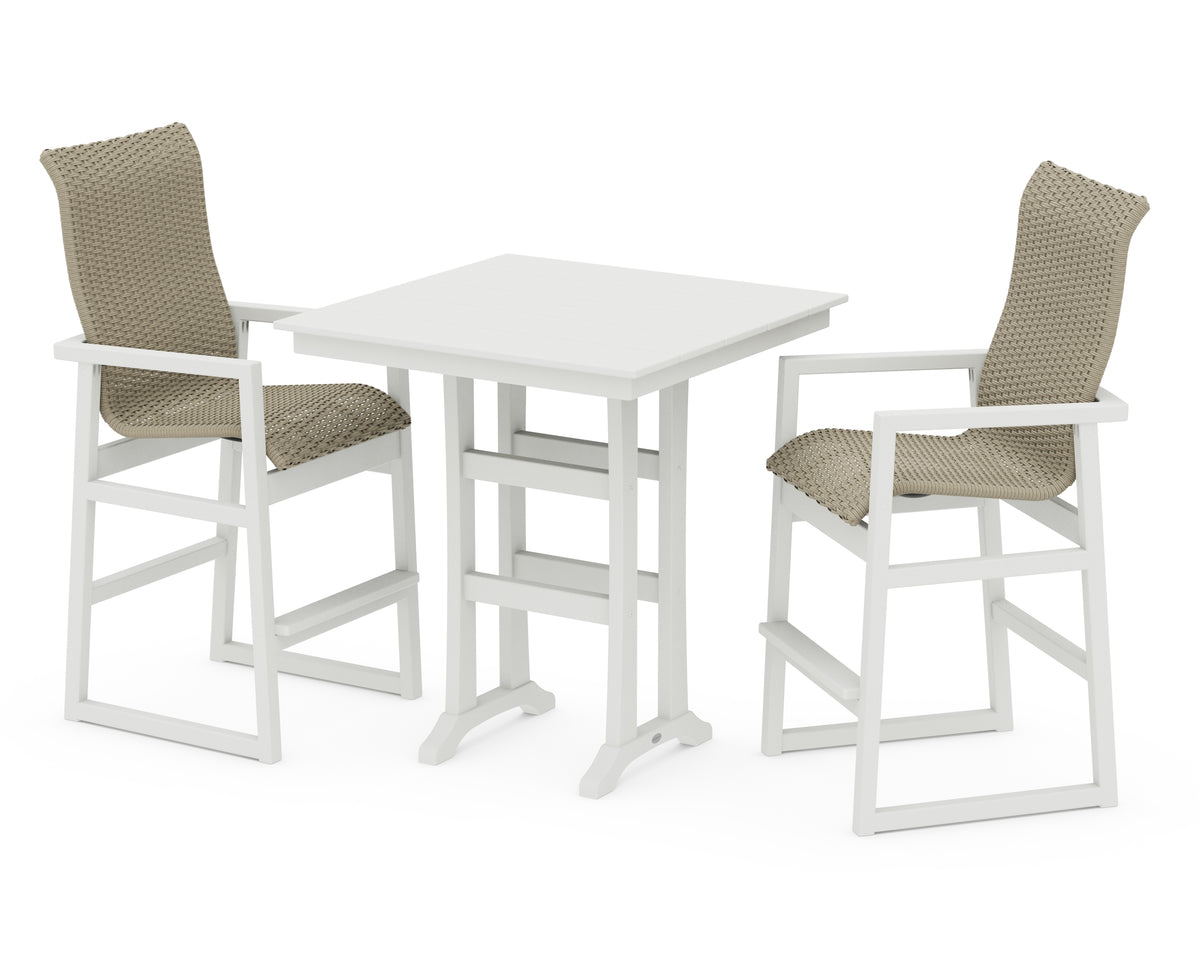 POLYWOOD EDGE Woven Highback 3-Piece Farmhouse Bar Set with Trestle Legs in Vintage White / Dune Grass