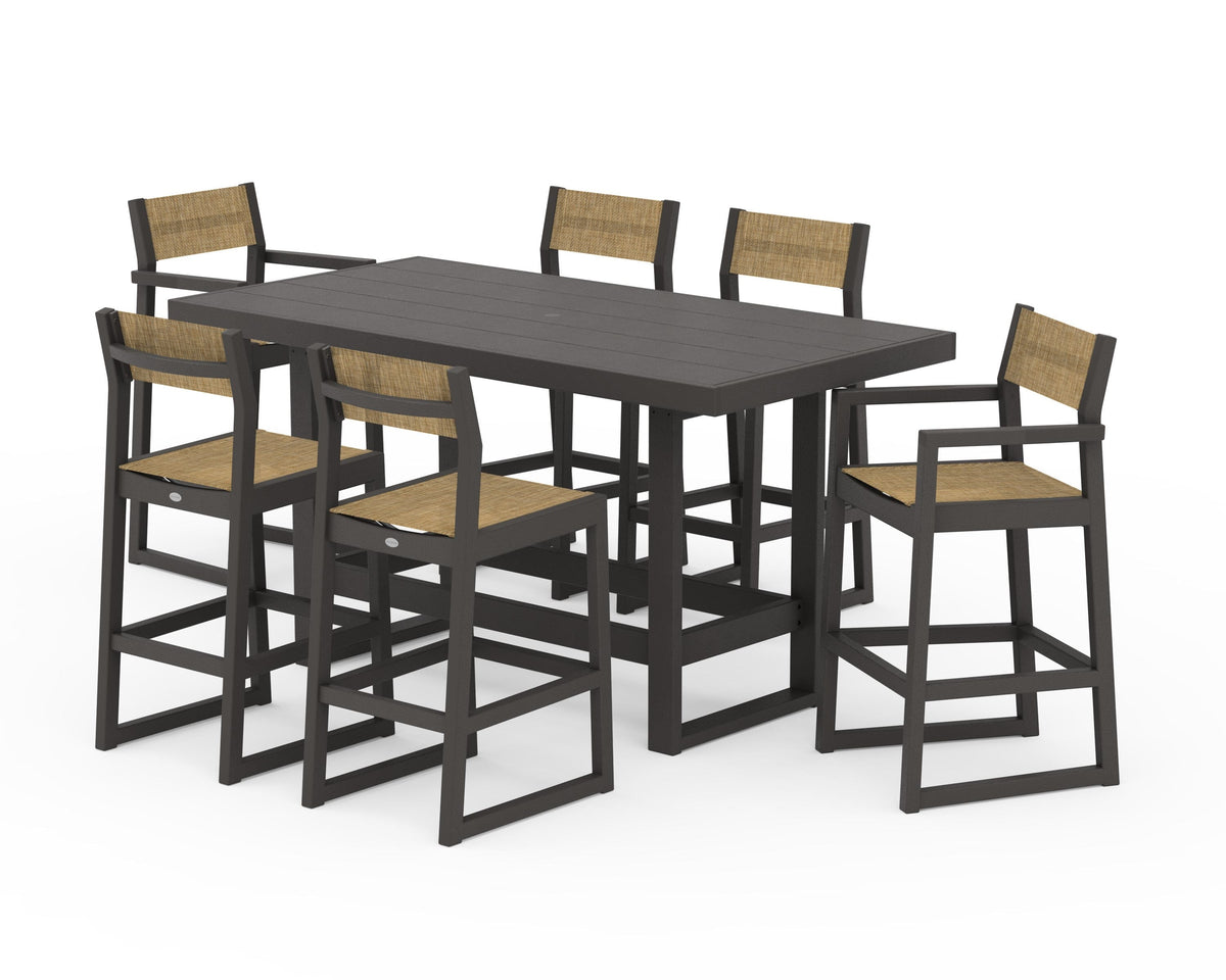 POLYWOOD EDGE Sling 7-Piece Bar Table Set in Vintage Coffee / Burlap