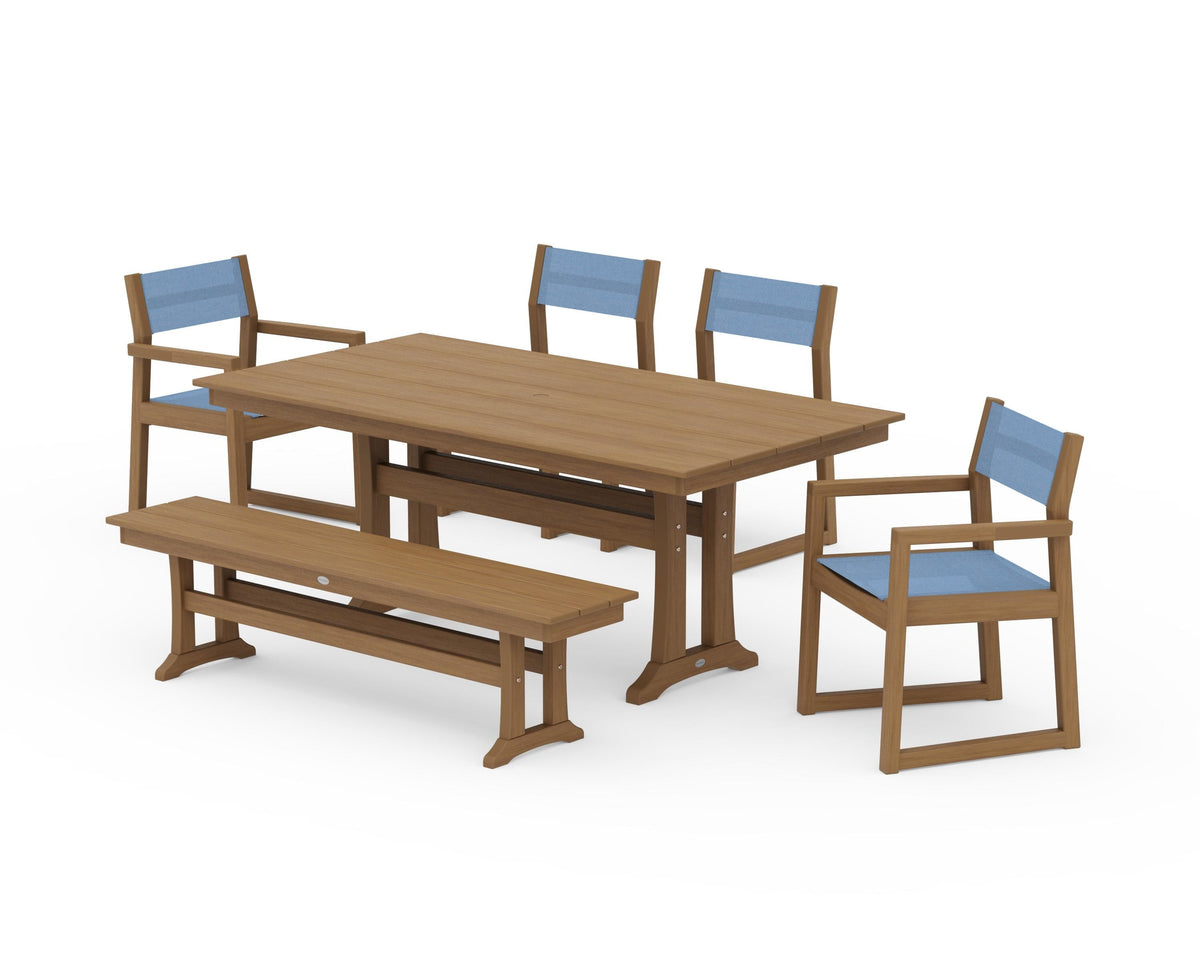 POLYWOOD EDGE Sling 6-Piece Farmhouse Dining Set With Trestle Legs in Natural / Poolside