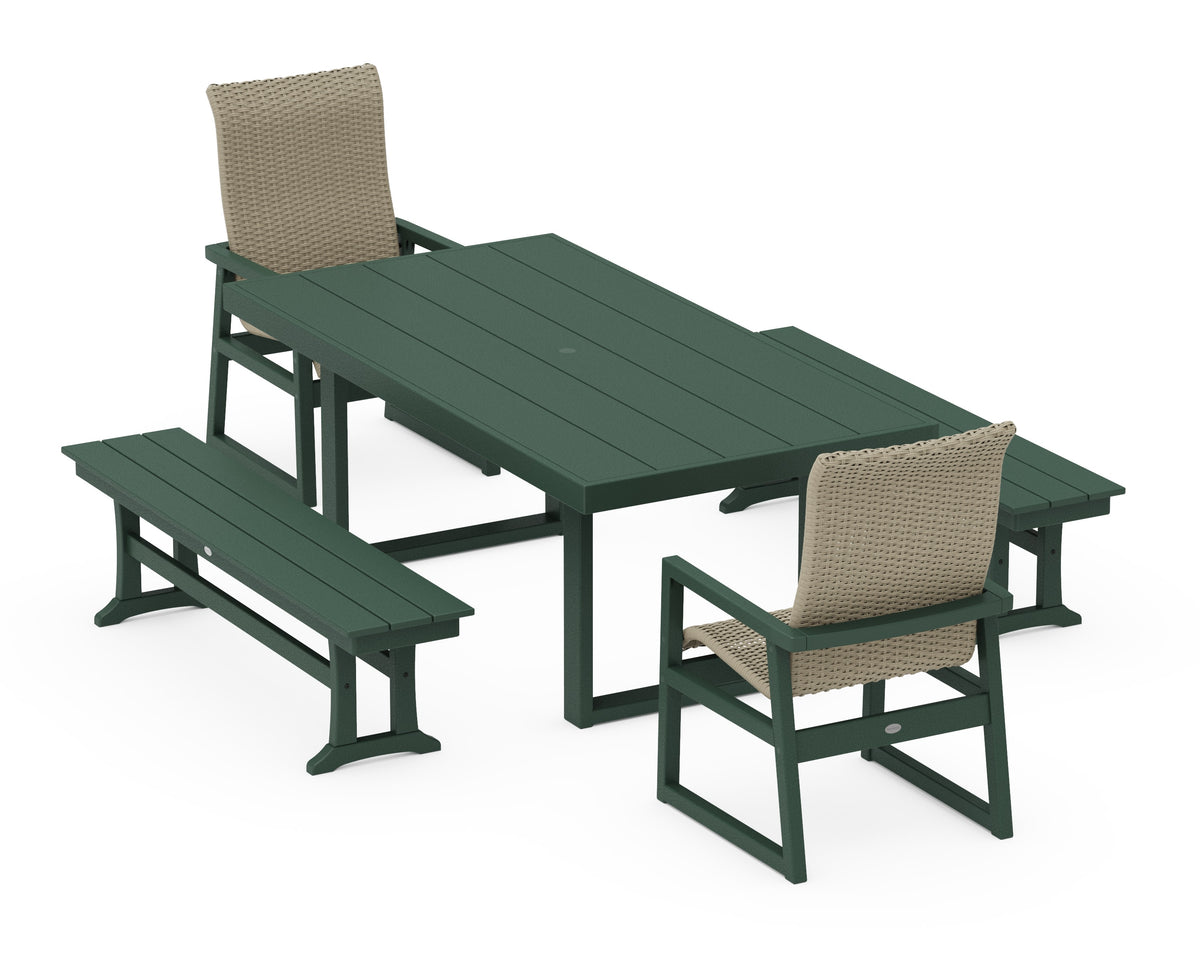 POLYWOOD EDGE Woven High-Back 5-Piece Dining Set with Benches in Green / Dune Grass