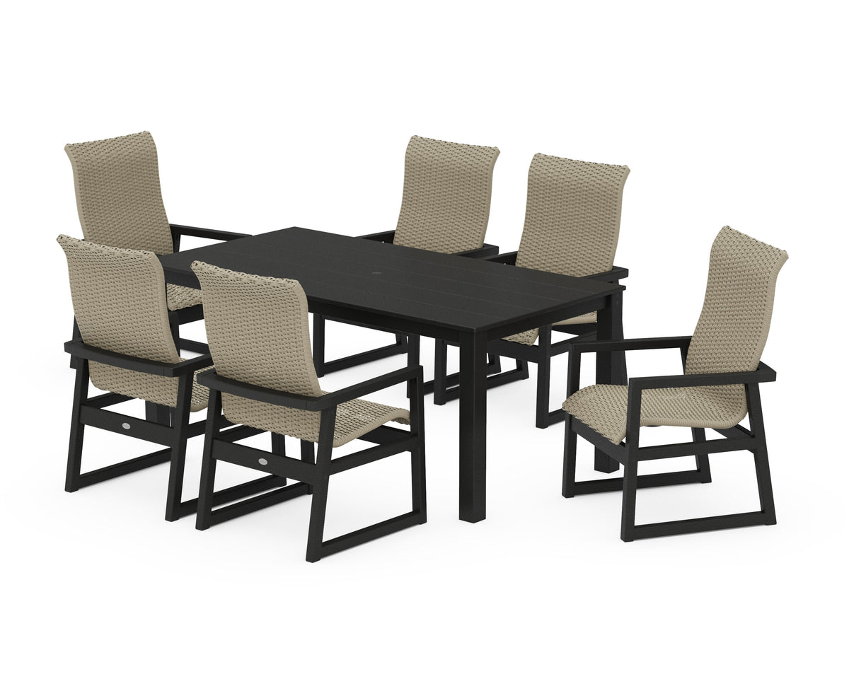 POLYWOOD EDGE Woven High-Back Arm Chair 7-Piece Parsons Dining Set in Black / Dune Grass