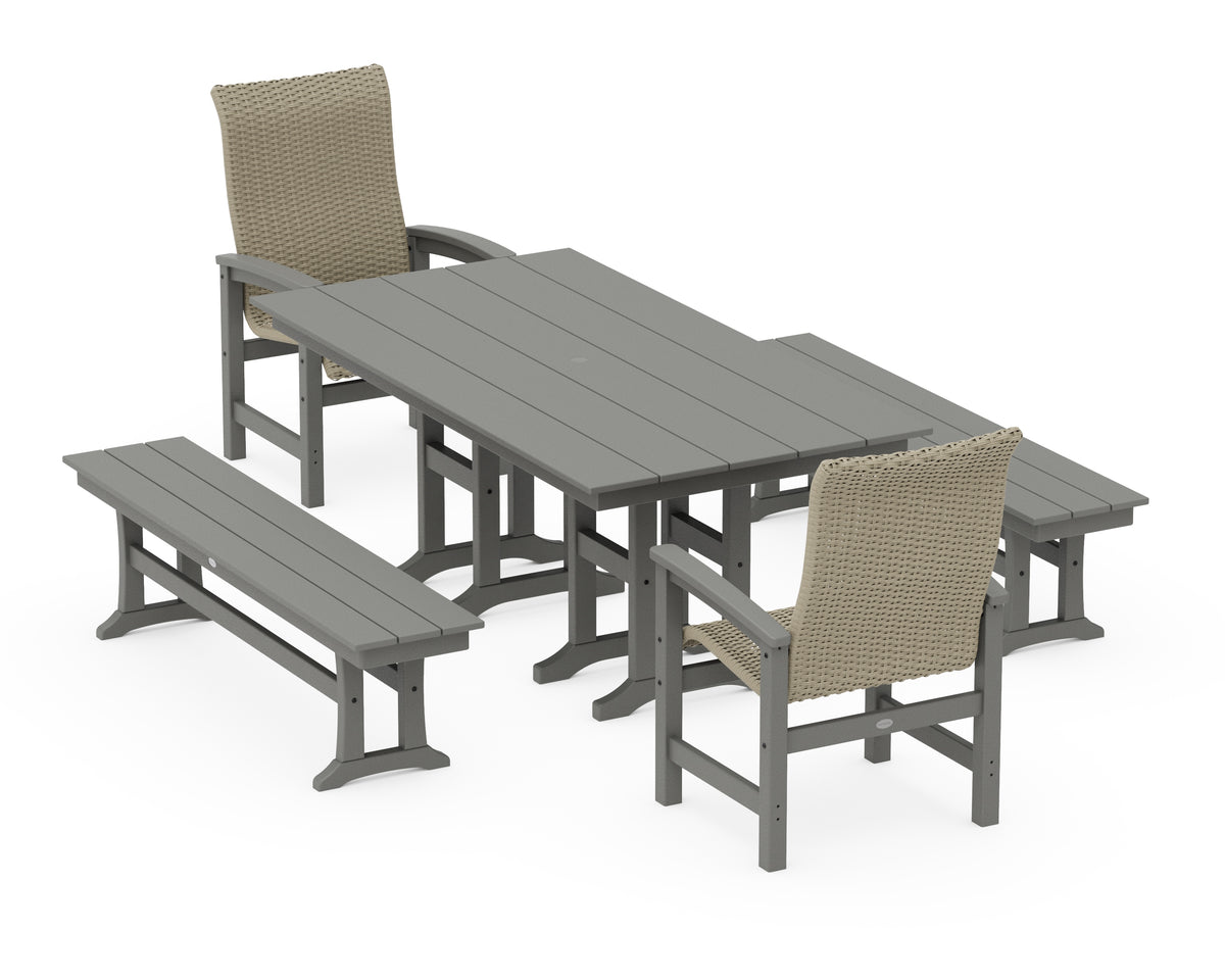 POLYWOOD Coastal Woven High-Back 5-Piece Farmhouse Dining Set with Benches in Slate Grey / Dune Grass