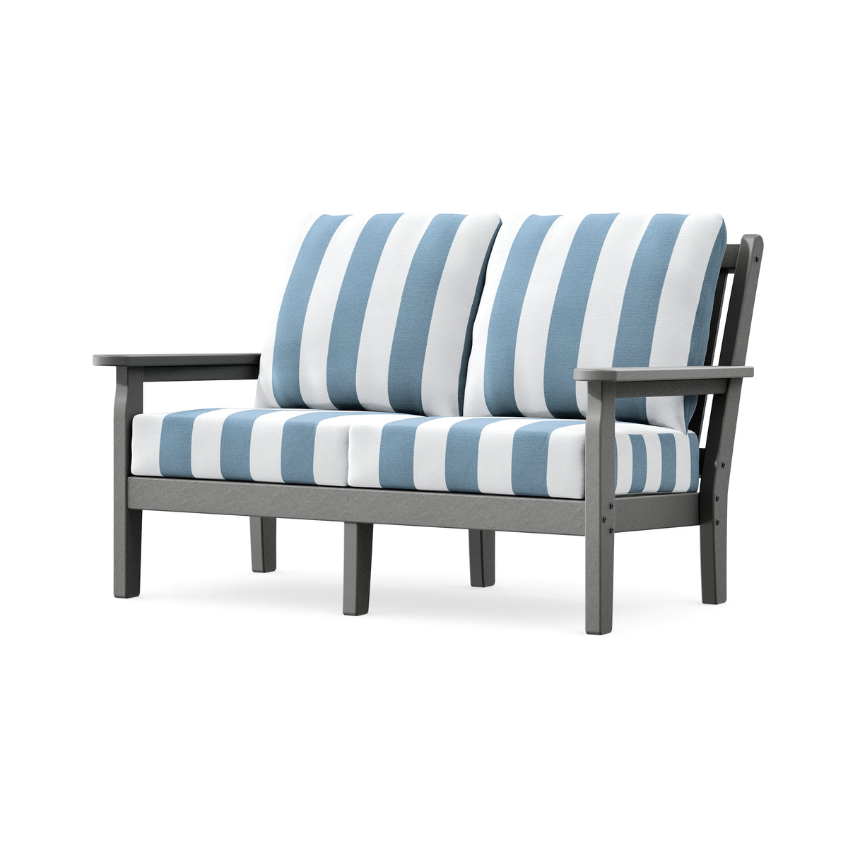POLYWOOD Chippendale Deep Seating Loveseat in Slate Grey / Cabana Stripe Sky Blue