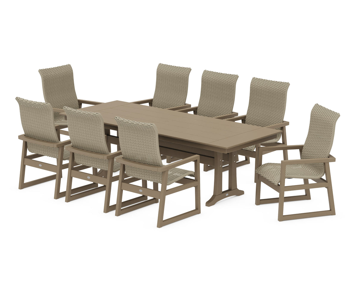 POLYWOOD EDGE Woven High-Back 9-Piece Farmhouse Dining Set with Trestle Legs in Vintage Sahara / Dune Grass