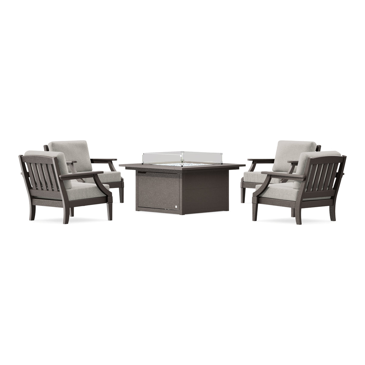 POLYWOOD PW Designer Series Estate 5-Piece Lounge Fire Table Set in Vintage Coffee / Weathered Tweed