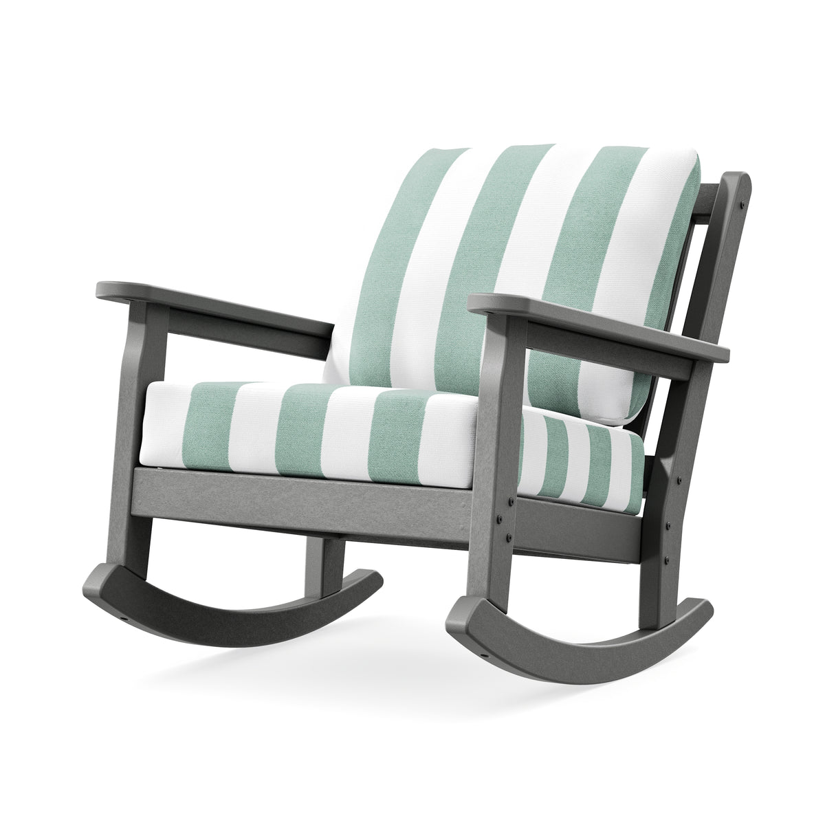 POLYWOOD Chippendale Deep Seating Rocking Chair in Slate Grey / Cabana Stripe Glacier Spa
