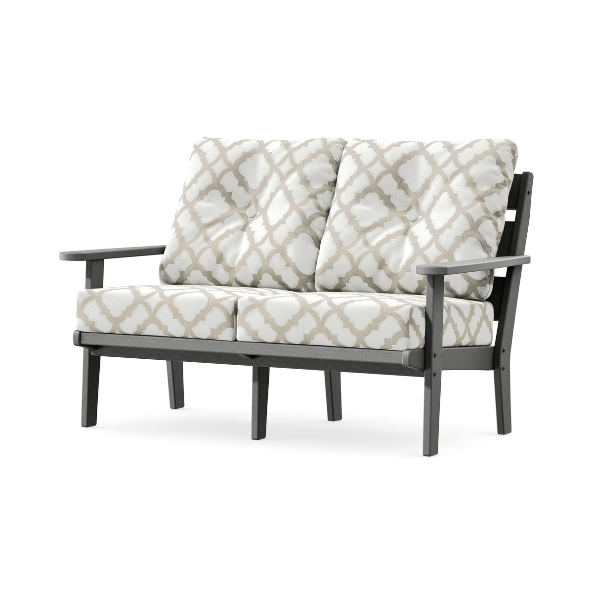 POLYWOOD Lakeside Deep Seating Loveseat in Slate Grey / Trellis Dune Burlap