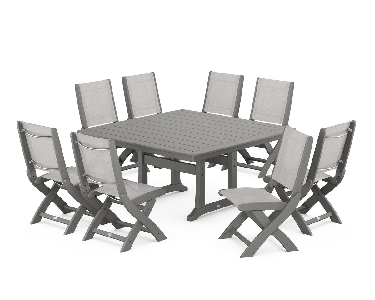 POLYWOOD Coastal Folding Side Chair 9-Piece Dining Set with Trestle Legs in Slate Grey / Parchment