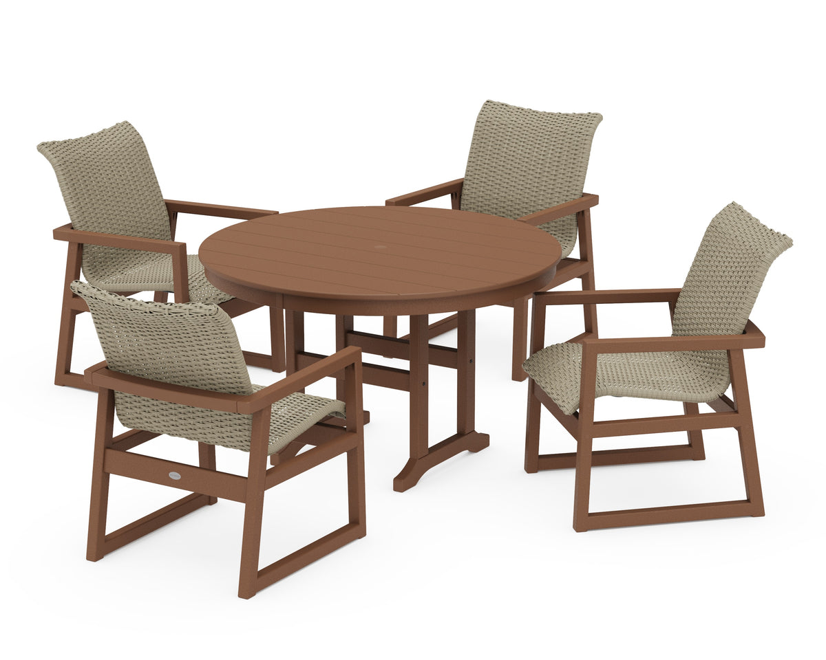 POLYWOOD EDGE Woven 5-Piece Round Farmhouse Dining Set in Teak / Dune Grass