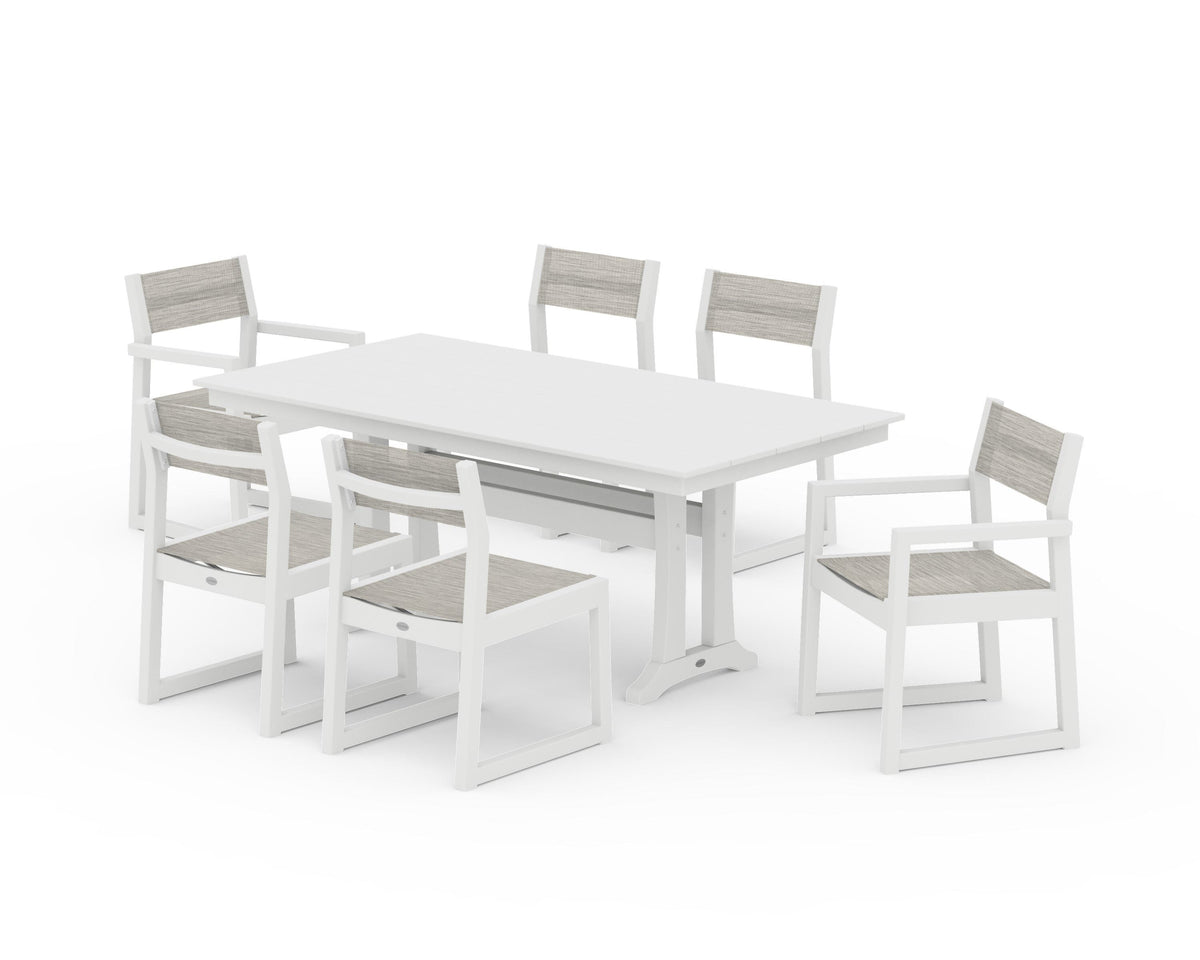 POLYWOOD EDGE Sling 7-Piece Farmhouse Trestle Dining Set in White / Birch